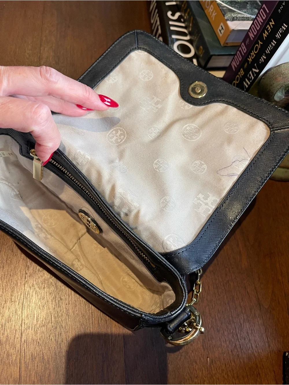 Tory Burch Black Leather Crossbody with Gold Chain Accent